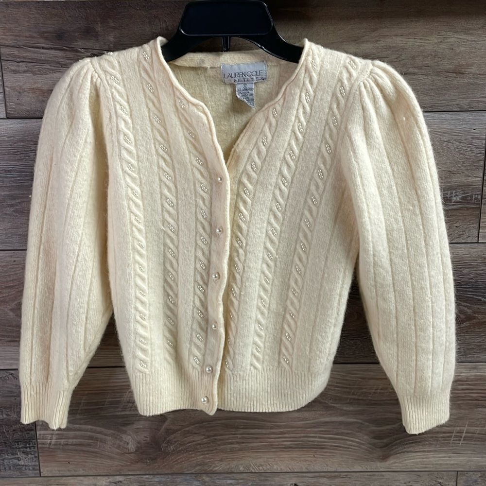 Lauren Cole Lambswool,Angora,Nylon Ladies Sweater Cardigan,Cream,Small Petite